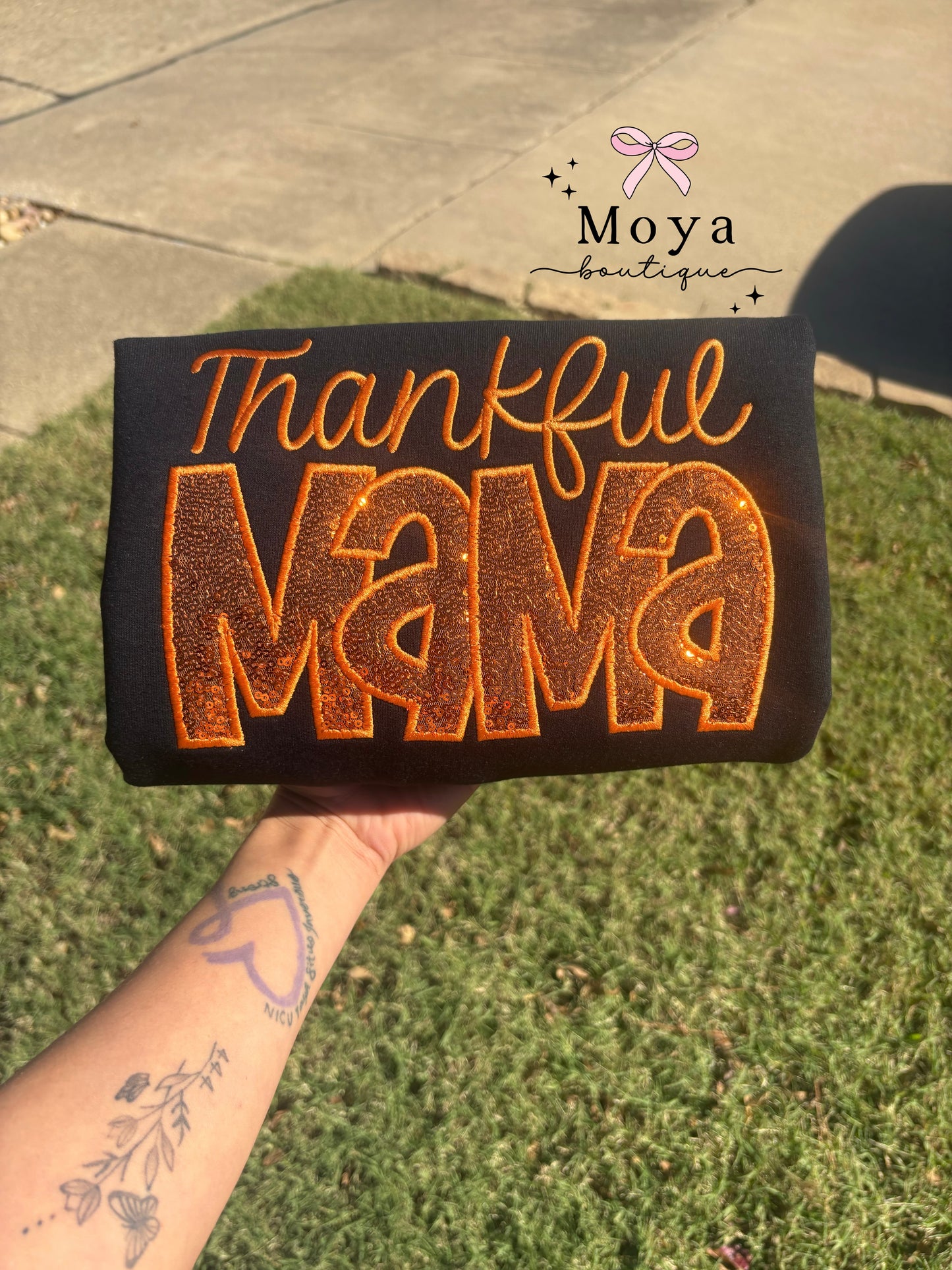 Sequin Thankful Mama Embroidered Sweater